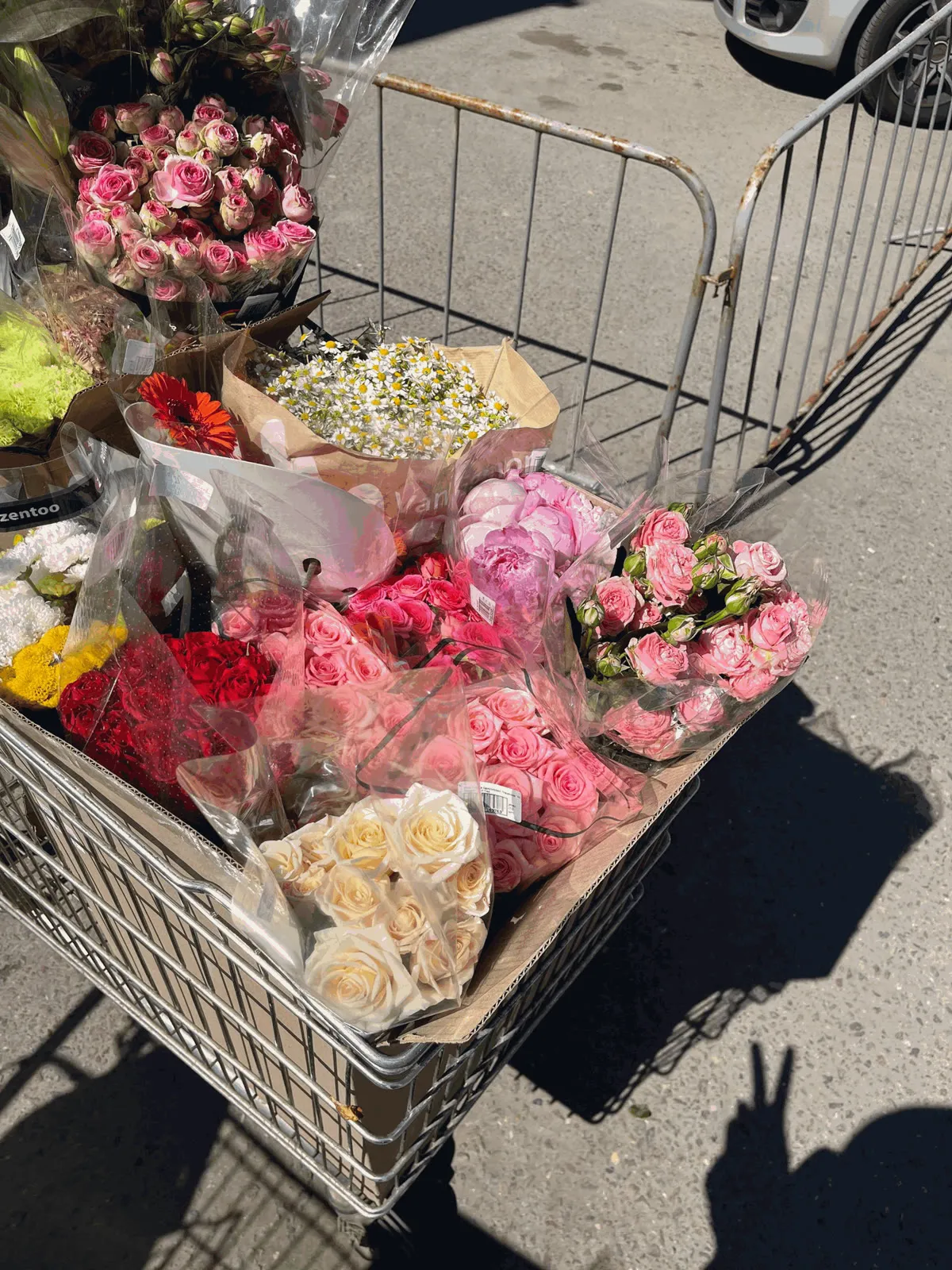 A cart full of roses, peonies, daisies and gerberas just bought for a workshop